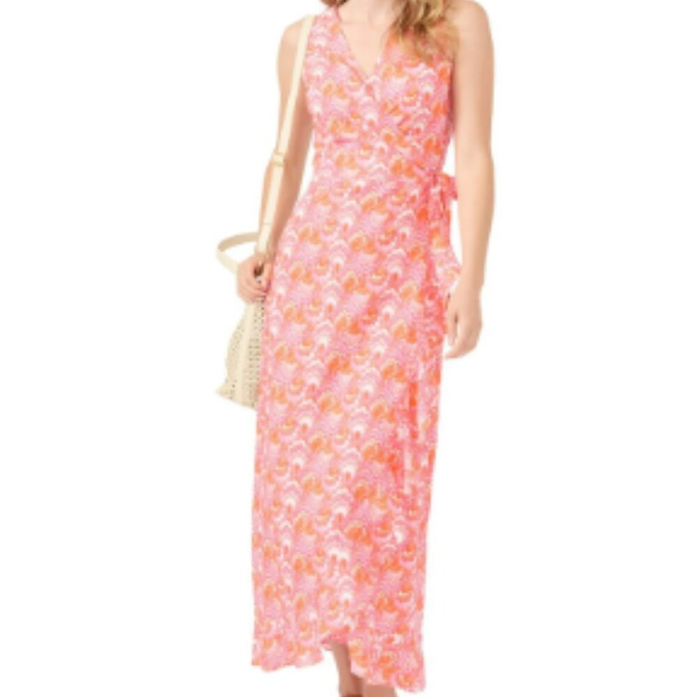 J. Mclaughlin Cerise Linen Ruffle Wrap Dress Coral Pink Size Medium